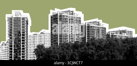 Collage of urban architecture with highrise residential buildings, modern geometric shapes, black and white contrast, green forest silhouettes. Styliz Stock Photo