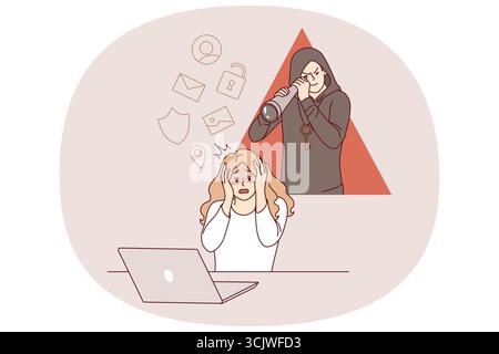 Cyber stalker follows female victim using laptop, clutching head due to theft confidential information. Cyber stalker with spyglass stands girl, injured due to hacker attack on social networks Stock Vector