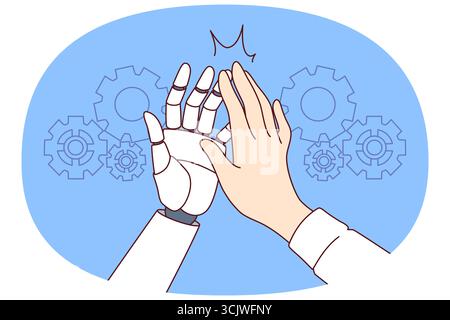 Collaboration man and AI robot making high-five gesture after successfully completed task. Hands of business manager and humanoid helping to develop production thanks to AI or artificial intelligence Stock Vector