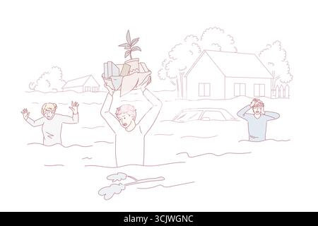 Flood and damaged estate concept. Group of unhappy stressed people walking through flood with pieces of belongings feeling panic vector illustration Stock Vector