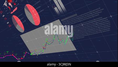 Displaying 3D line graph on plane over navy grid, with 3D charts, text, world map silhouette Stock Photo