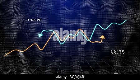 Displaying orange and teal line graphs fluctuating over 3D grid floor dotted mesh, numeric labels Stock Photo