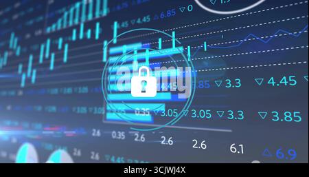 Displaying white padlock icon in circle overlay on dashboard, showing charts and numeric data Stock Photo
