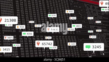 Floating red pins green chat bubbles and yellow bells hovering over code on screen showing metrics Stock Photo