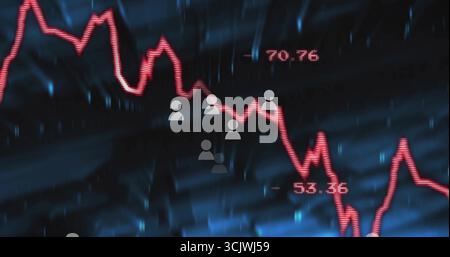 Displaying red line chart falling in data dashboard, with gray avatars and numerical labels Stock Photo
