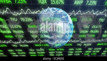 Displaying 3D Earth globe rotating over trading grid, with scrolling tickers and line charts Stock Photo