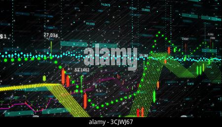 Displaying market chart on UI with candlesticks, trend lines, moving average and teal highlights Stock Photo