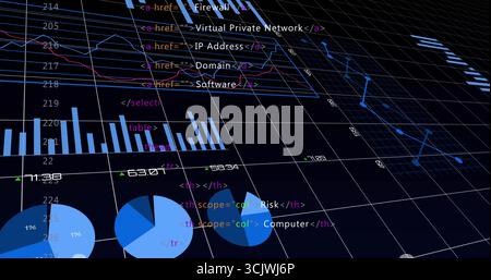 Displaying interface on translucent 3D grid, with pie charts bar chart line graphs code hyperlinks Stock Photo