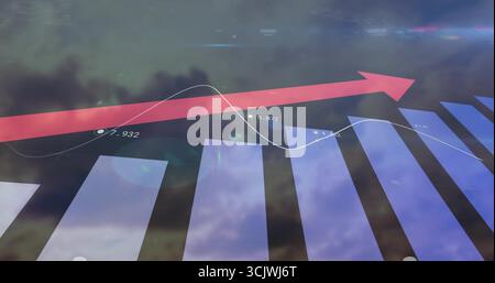 Showing data chart against cloudy sky, with blue bars, red arrow, white line graph markers, labels Stock Photo