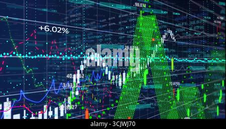 Displaying large dotted letter A in trading hub with candlestick bars, line graphs, +6 Stock Photo