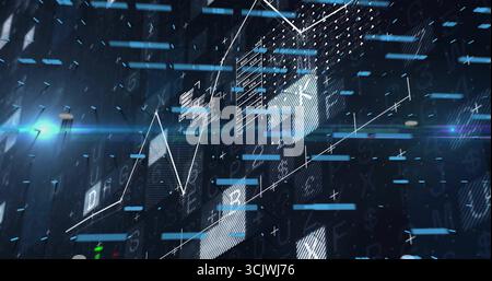 Floating translucent 3D cube showing white line chart in virtual grid, with blue bars, code symbols Stock Photo