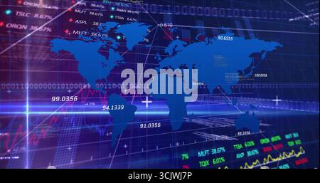 Displaying blue world map overlay in virtual trading screen, with line graphs and stock symbols Stock Photo