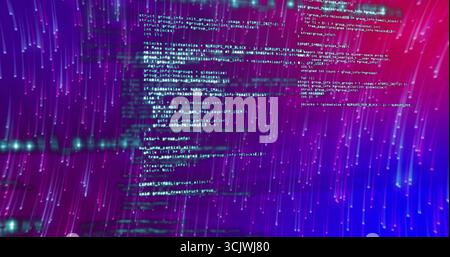 Displaying transparent code blocks streaming over neon cyberspace gradient, glowing streaks, nodes Stock Photo