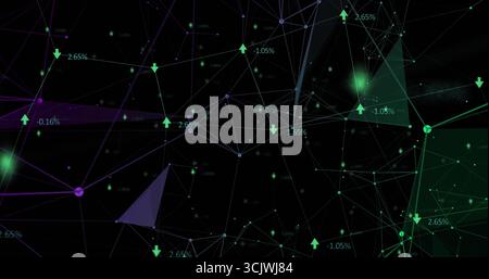 Displaying node-and-link network in digital space, with nodes, lines, arrows, percentage labels Stock Photo