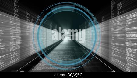Extending corridor in digital space showing code panels grid floor streaming white code, with HUD Stock Photo