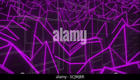Glowing violet neon lines forming triangular wireframe shapes in virtual 3D mesh, with grid panels Stock Photo