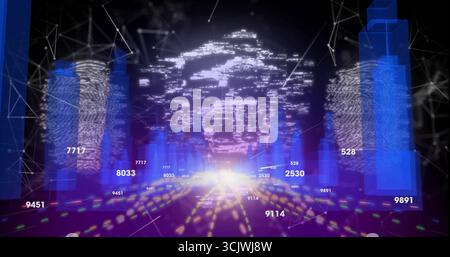 Forming translucent fingerprinted data bars in cyberspace, showing numeric labels and network lines Stock Photo