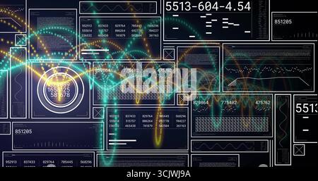 Displaying UI with overlaid panels and waves on dark backdrop, featuring numeric displays and gauge Stock Photo