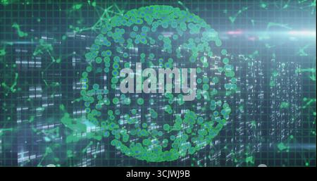 Displaying digital spherical network hovering above server racks at data center with data streams Stock Photo