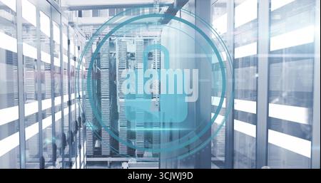 Floating translucent blue padlock hovering in server room with server racks cable trays, LED strips Stock Photo