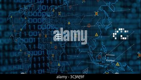 Displaying translucent map overlaying binary code on dashboard showing warning triangles and nodes Stock Photo