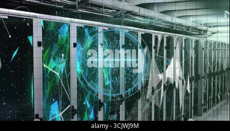 Lining server cabinets showing circuit patterns in narrow data center corridor, under cable trays Stock Photo