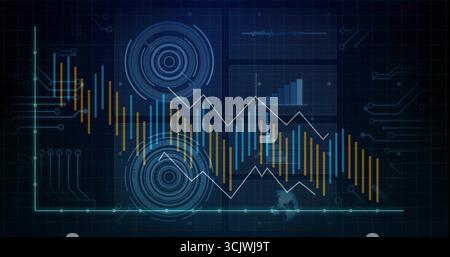 Displaying dashboard screen over circuit grid, featuring bar charts, line graph and radar circles Stock Photo
