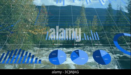 Displaying data overlay on mountain river, with grid overlay, bar pie line charts, numeric labels Stock Photo