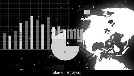 Displaying interface featuring bar chart, donut chart on dark screen, world map, boxes, copy space Stock Photo