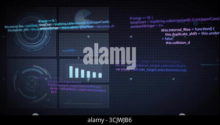 Displaying six panel visualization interface overlaying dark grid, showing HUD and code snippets Stock Photo
