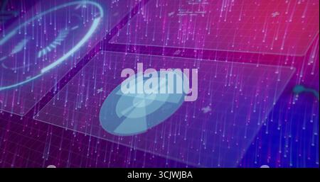 Displaying central holographic data disk floating over digital grid, with hovering interface panels Stock Photo