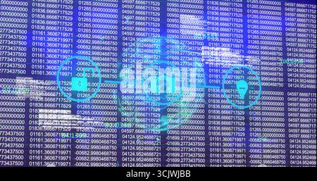 Digital dashboard streaming data on screen, with connected padlock, envelope and headset icons Stock Photo