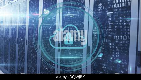 Displaying turquoise cloud lock icon overlaying server racks with LEDs, data cables in data center Stock Photo