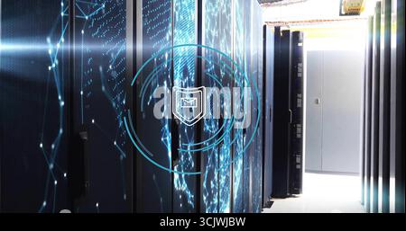 Showing server racks projecting LED-lit circuits and holographic shield map in datacenter aisle Stock Photo
