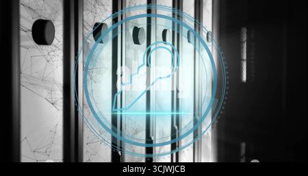 Displaying neon blue key icon within concentric circles in datacenter with racks and network mesh Stock Photo