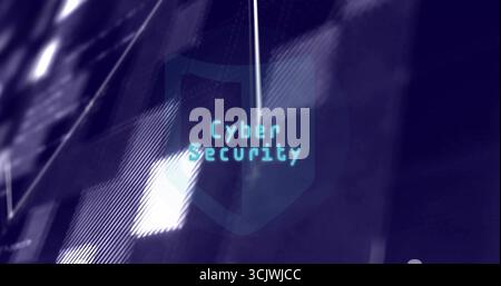 Hovering shield icon displaying Cyber Security on digital matrix, with lit squares, grid overlays Stock Photo