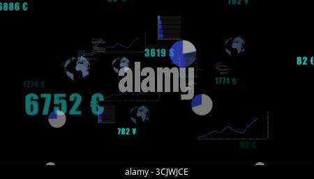 Displaying dark mode dashboard showing metrics on screen, with charts and currency symbols Stock Photo