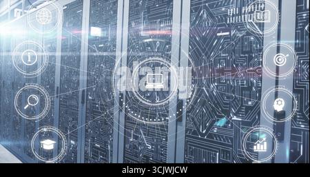 Glowing metal server racks displaying circuit patterns inside data center, with holographic icons Stock Photo