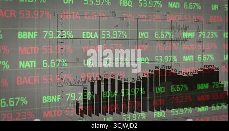 Displaying trading interface showing ticker symbols over 3D bar chart grid, stock ticker overlay Stock Photo