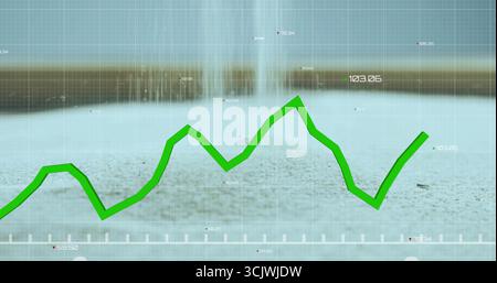 Displaying green line graph varying over pale grid overlay on blurred gray surface, numeric labels Stock Photo