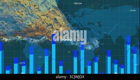 Rendering bar chart columns at software interface, with dotted world map and coastline overlay Stock Photo