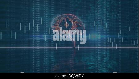 Showing digital brain icon hovering above virtual interface with candlestick bars and numeric data Stock Photo