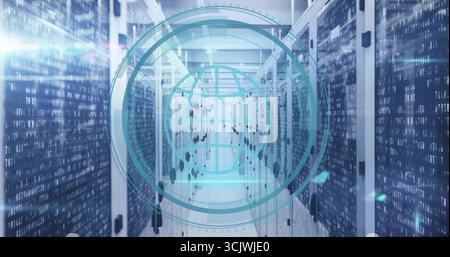 Streaming binary code overlay crossing data center aisle, with server racks, globe network icon Stock Photo