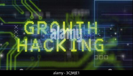 Displaying pixelated green Growth Hacking text on futuristic dashboard, with neon-green circuits Stock Photo