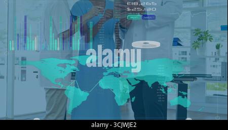 Using smartphone and tablet, two business professionals viewing world map, graph overlays in office Stock Photo