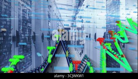 Displaying server racks lining data center corridor with binary code panels, floating 3D overlays Stock Photo