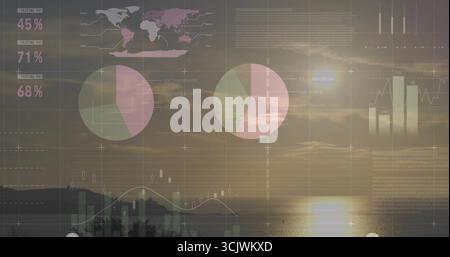 Displaying dashboard overlaying coastal sunset, showing world map, charts, gridlines and data Stock Photo