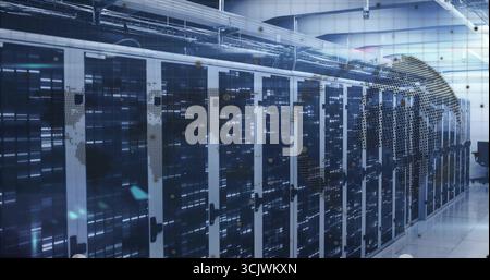 Shining black server racks showcasing blinking LEDs along data center hall with world map overlay Stock Photo