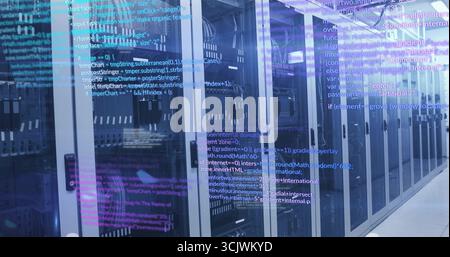 Stretching glass-door server racks showing blinking LEDs and code overlay in data center Stock Photo