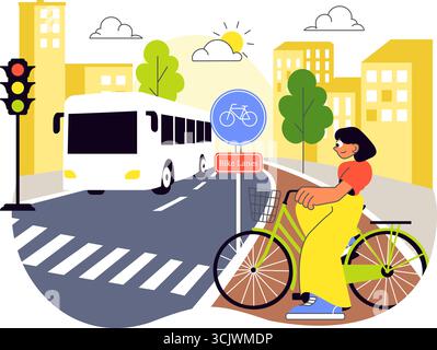 Urban Cycling Vector Illustration featuring People Engaged in Outdoor Leisure Activities, Riding Bicycles with Helmets on a Road Track in a Background Stock Vector